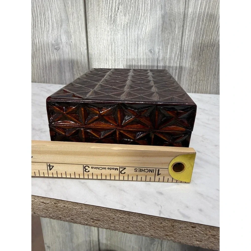 Vintage Hand Carved Wooden Trinket Box Geometric Starburst Design Dark Wood